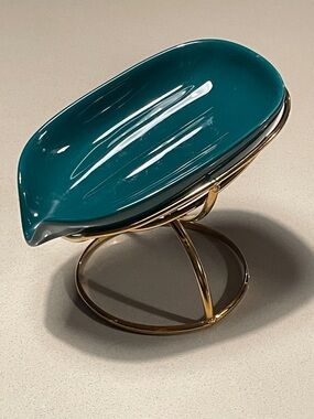 Teal Ceramic Soap Dish with Gold Stand